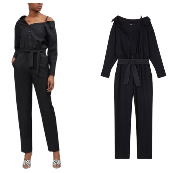 [s] MAJE NWT Jumpsuit Pesto Cold Shoulder Pockets Minimalist Black Size 36 Small - Picture 5 of 12